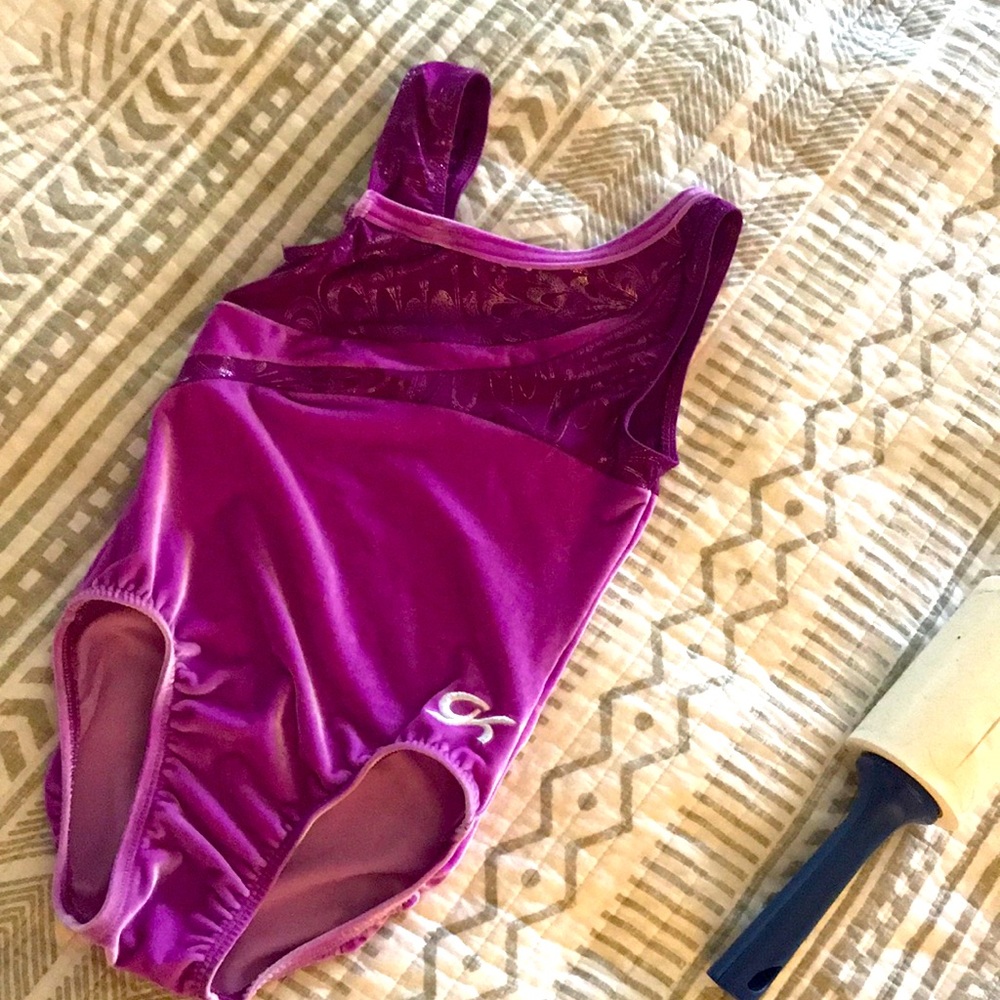 GK Elite gymnastics leotard purple and silver child Large Used